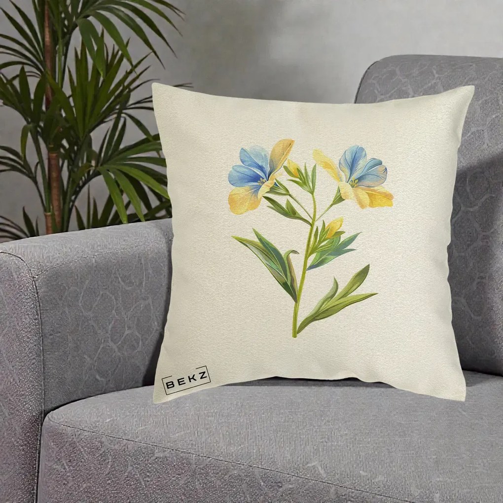 Perna Decorativa Botanica Frezie Galbena si Albastra, 40x40 cm, Ecru, Husa Detasabila, Perna Inclusa, BEKZ®