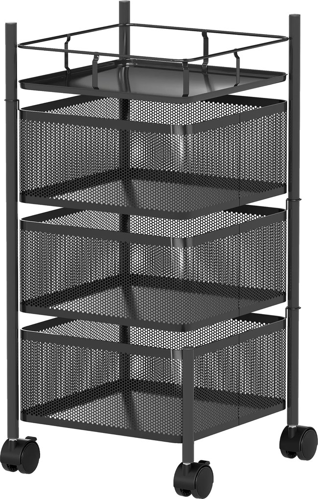 HOMCOM Cărucior de Bucătărie cu 3 Nivele cu Coșuri Rotative din Metal, Roți și Frână, 27,5x27,5x62 cm, Negru | Aosom Romania