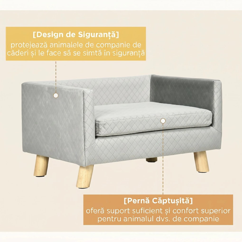 PawHut Canapea pentru Câini și Pisici cu Pernă, Culcuș pentru Animale din Catifea și Lemn, 64x45x36 cm, Gri | Aosom Romania