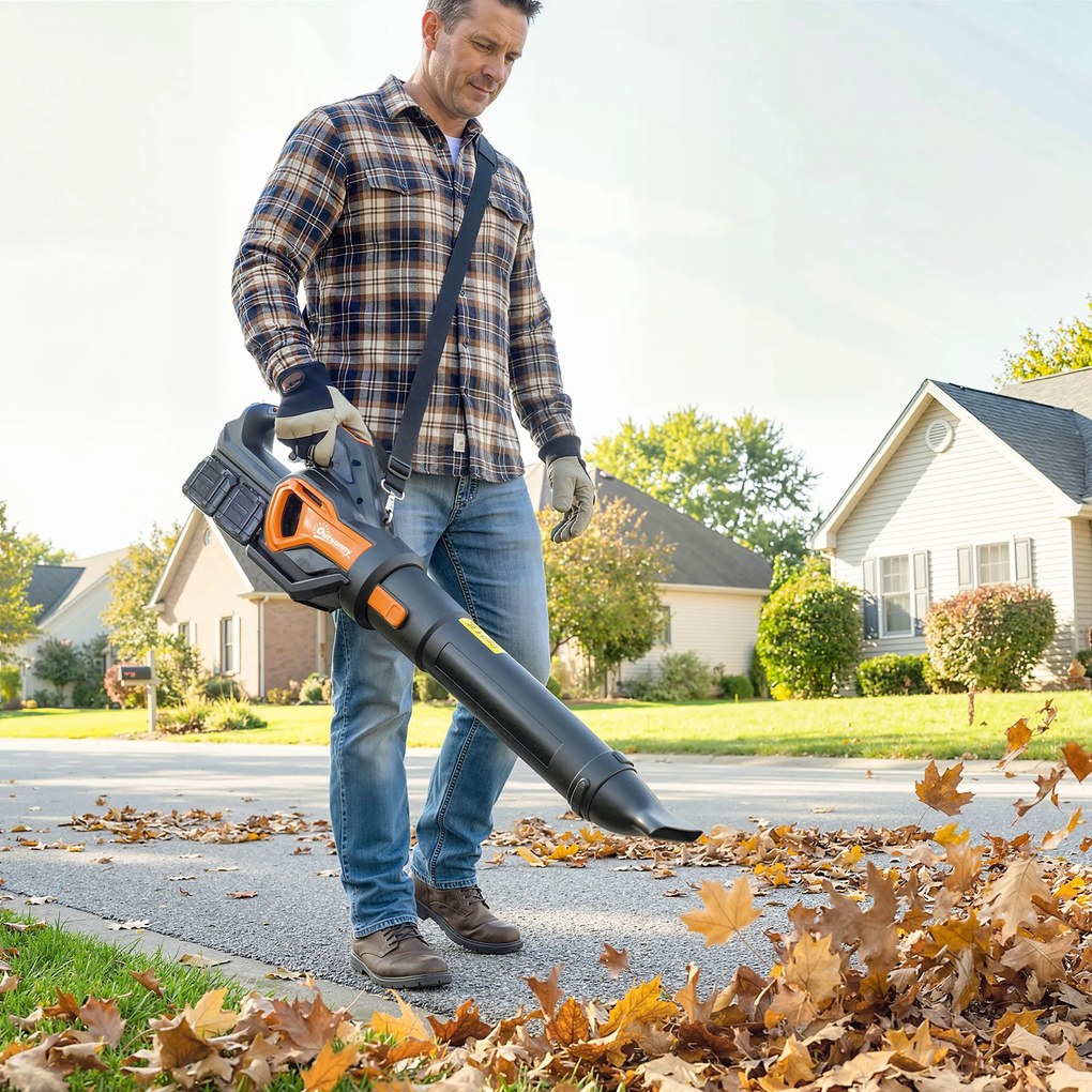 Outsunny Suflător de Frunze cu Baterie 20V, Motor Brushless 900W, 3 Niveluri de Viteză, Turbo Boost, Încărcător, Ușor, pentru Grădină, Frunze, Zăpadă, Praf | Aosom Romania