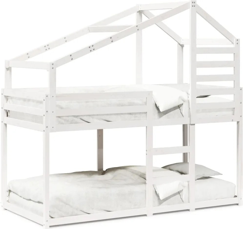 vidaXL Pat supraetajat cu acoperiș, alb, 90x200 cm, lemn masiv de pin