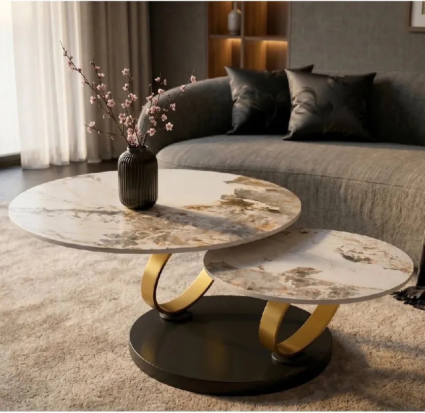 Masuta de cafea moderna cu doua blaturi rotative din ceramica DANCING RINGS 80-135cm