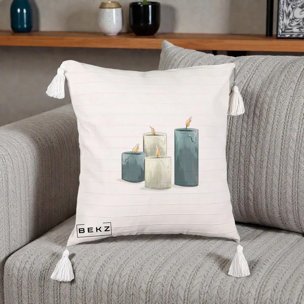 Perna Decorativa Lumanari Hygge Alb-Verde, 40x40 cm, Bej cu Franjuri, Husa Detasabila, Perna Inclusa, BEKZ®