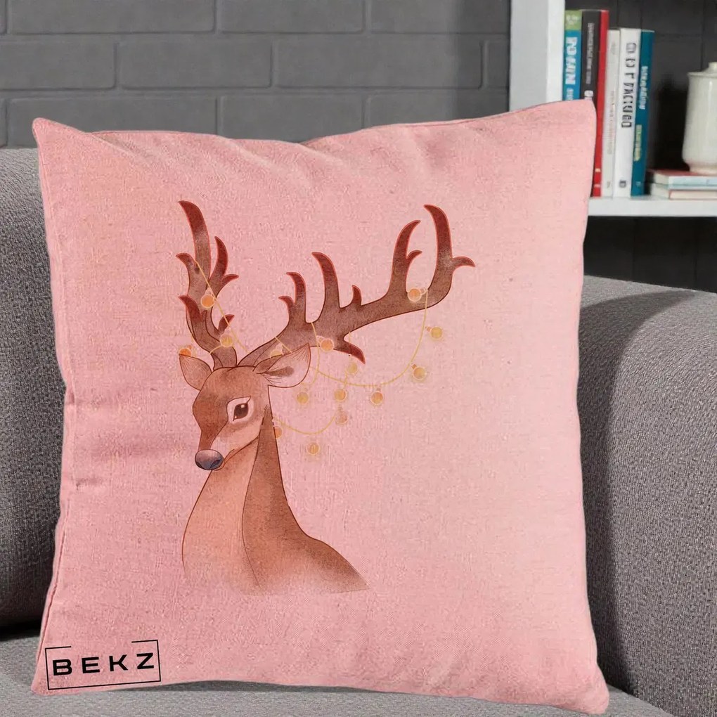 Perna Decorativa Ren cu Luminite de Craciun, 40x40 cm, Roz, Husa Detasabila, Perna Inclusa, BEKZ®