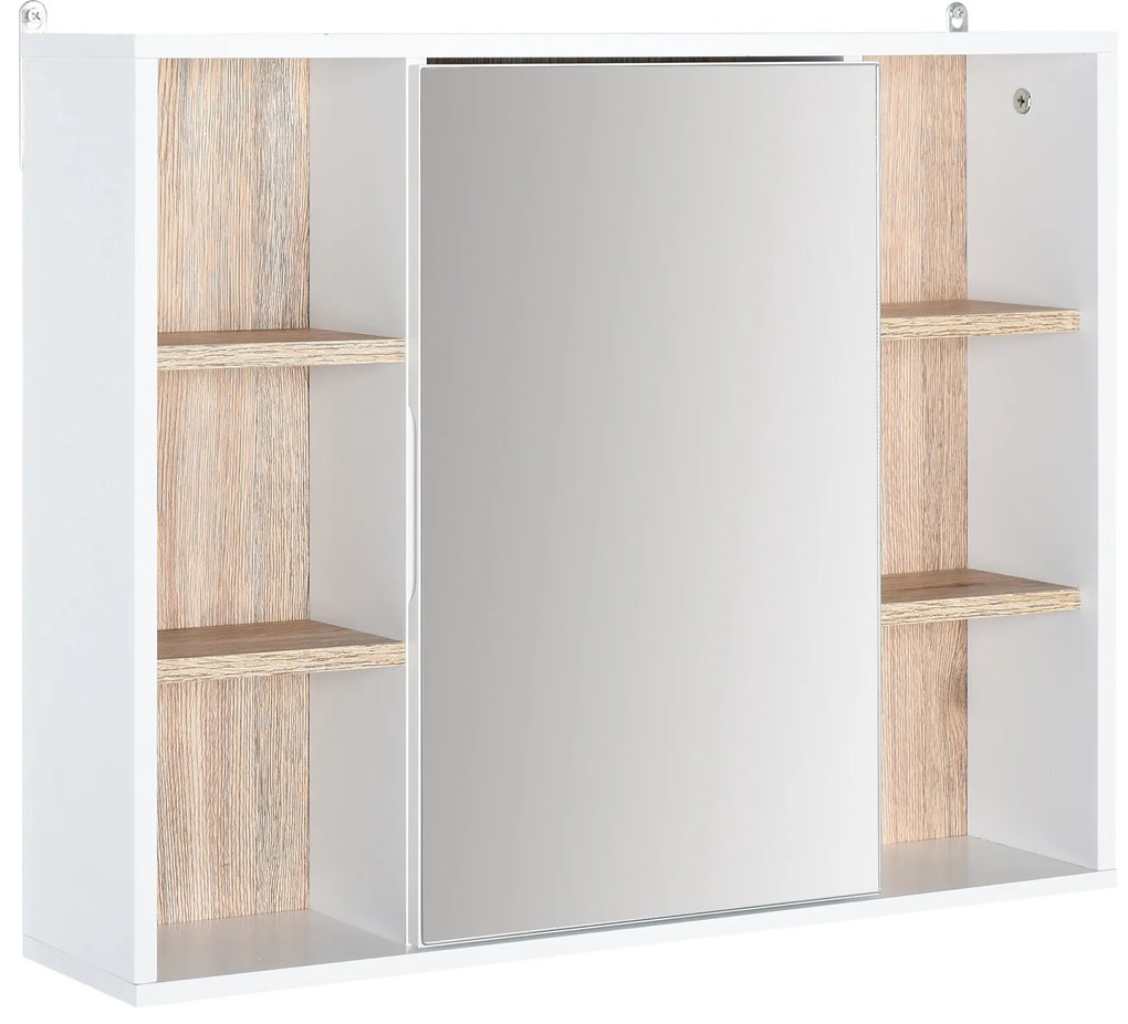 HOMCOM Dulap cu Oglinda din MDF si PAL, Dulap de Baie cu 3 Rafturi Laterale si Raft Interior Reglabil, 60x14.5x49.4 cm, Alb si Lemn Natur | Aosom RO