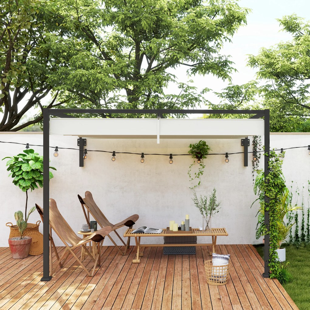 Outsunny Pergolă 3 x 4m Montată pe Perete, Pergolă Metalică cu Acoperiș Retractabil pentru Grătar, Grădină, Terasă, Deck | Aosom Romania