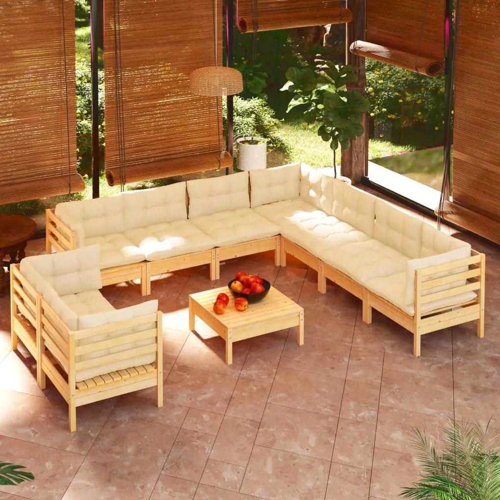 3096905 vidaXL Set mobilier grădină cu perne crem, 10 piese, lemn masiv de pin