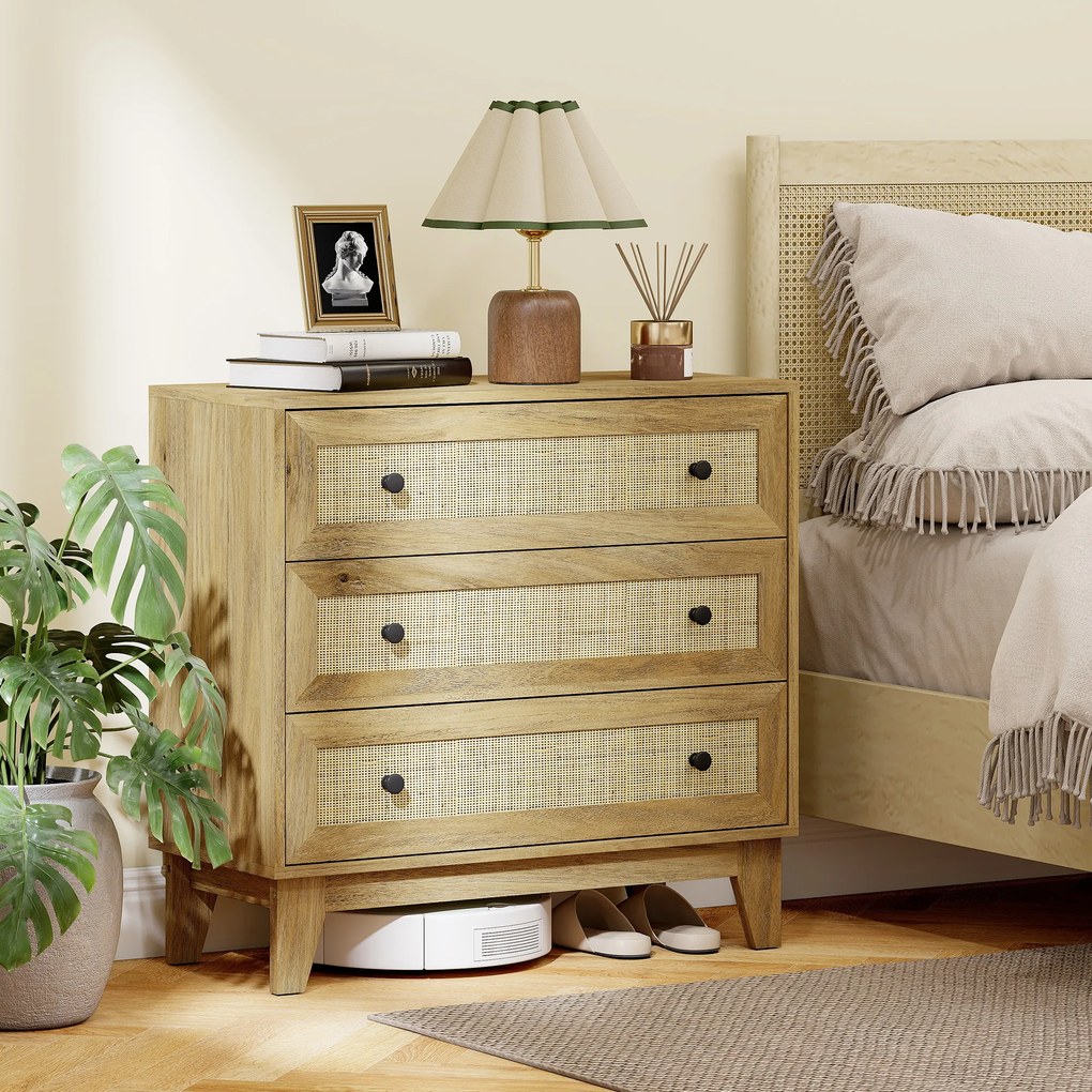 HOMCOM Comoda cu 3 Sertare Comoda de Lemn cu Frontale din Ratan Stil Cannage pentru Dormitor 80x35x76 cm Natural | Aosom Romania