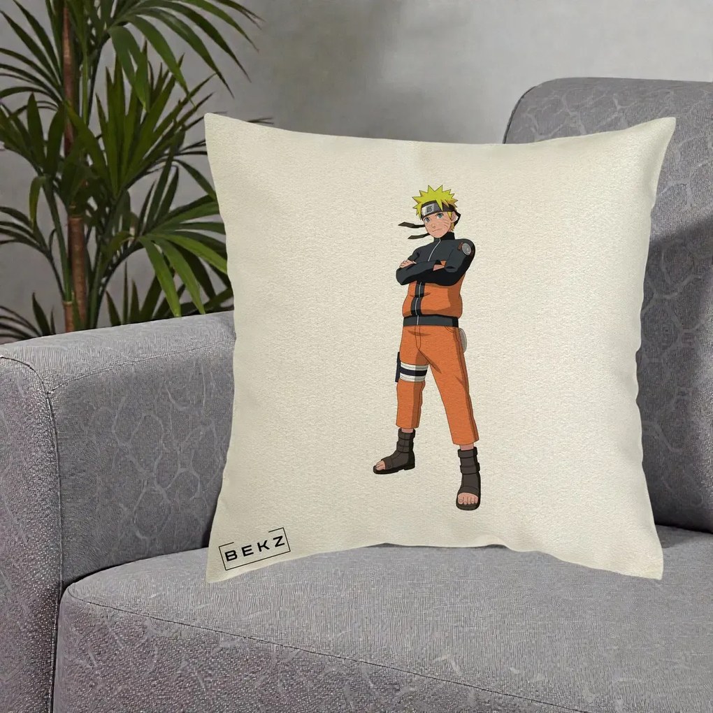 Perna Personalizata Naruto Uzumaki Portret Complet, 40x40 cm, Ecru, Husa Detasabila, Perna Inclusa, BEKZ®