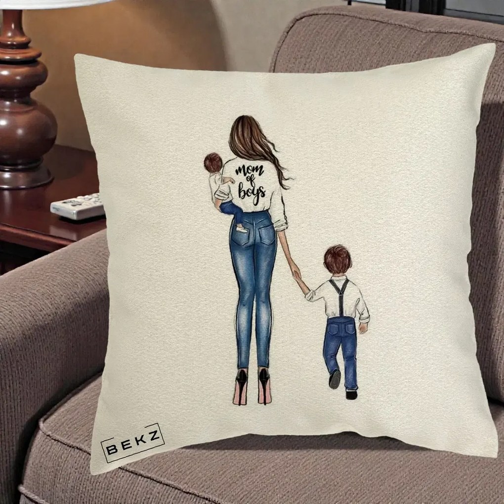 Cadou pentru Mama - Perna Personalizata Mom of Boys Mama cu Baietii, 40x40 cm, Ecru, Husa Detasabila, Perna Inclusa, BEKZ®