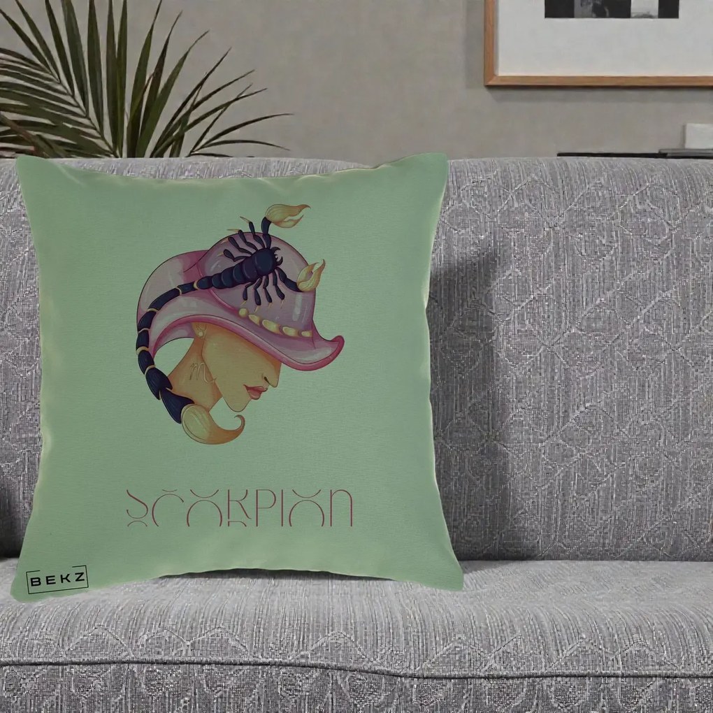 Perna Personalizata Zodiac Scorpion Cowgirl, 40x40 cm, Verde, Husa Detasabila, Perna Inclusa, BEKZ®