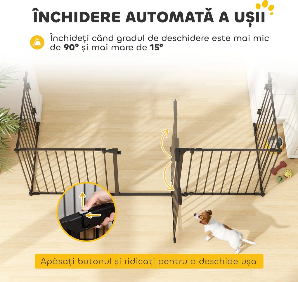 PawHut Poartă pentru Câini de Talie Mică și Medie, Țarc Pliabil cu Structură Modulară cu 5 Panouri, 300x3x74.5 cm, Negru | Aosom Romania