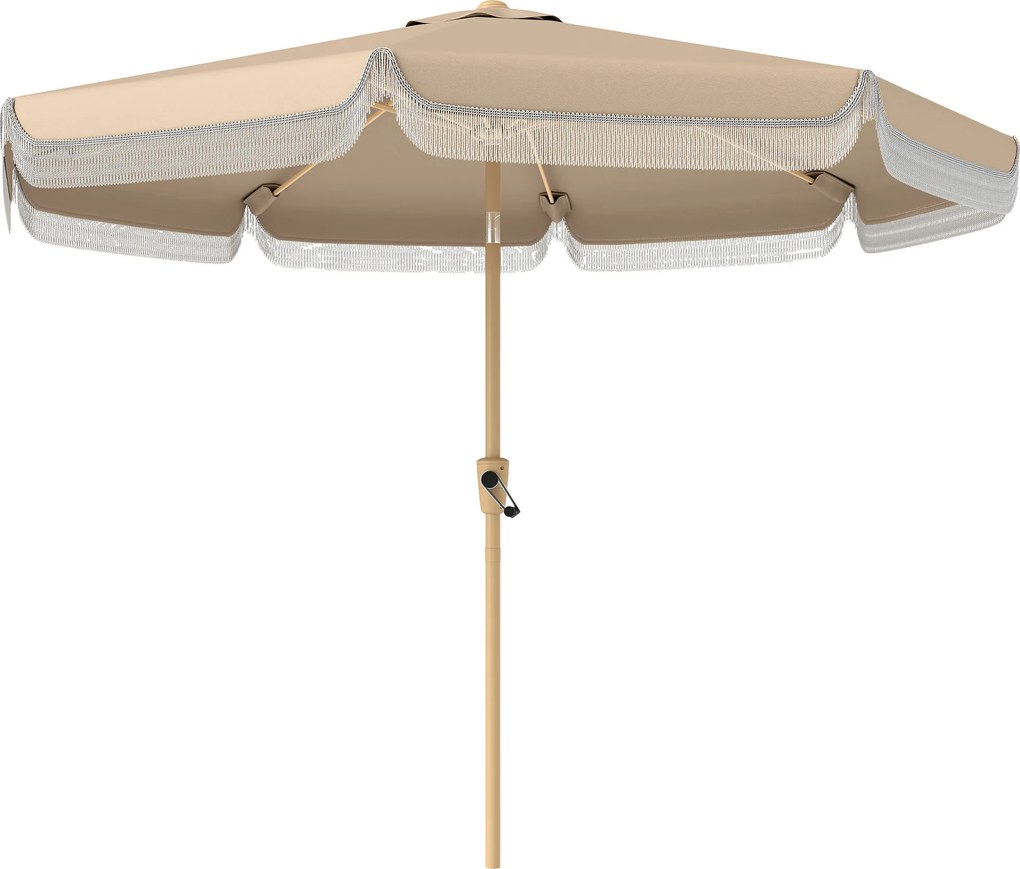 Outsunny Umbrelă de grădină pentru exterior 266 cm, umbrelă înclinabilă, franjuri, manivelă, 8 nervuri, țesătură poliester 180 g/m², kaki | Aosom Romania