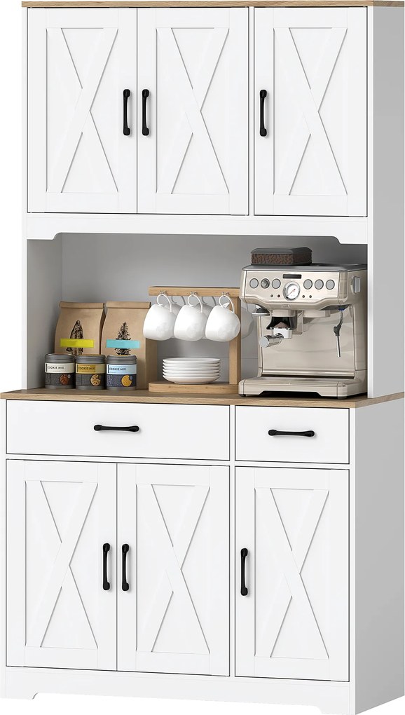 HOMCOM Bufet înalt bucătărie dulap de bucătărie cu 6 uși 2 sertare blat rafturi reglabile 94x39,5x175,2cm alb | Aosom Romania