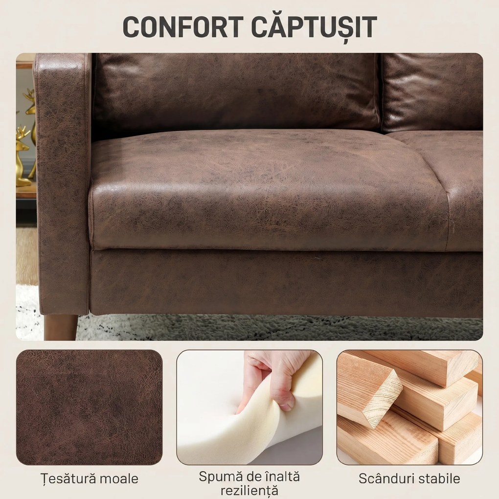 HOMCOM Divan cu 2 Locuri în Material Textil Efect Piele și Picioare din Lemn Maro | Aosom Romania
