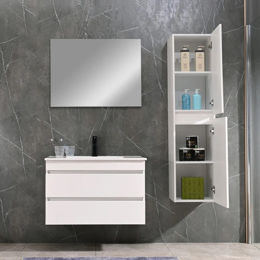 Mobilier de baie Cube 80 cm cu lavoar ceramic (2 sertare) și oglindă 60x80 cm vopsit în alb lucios