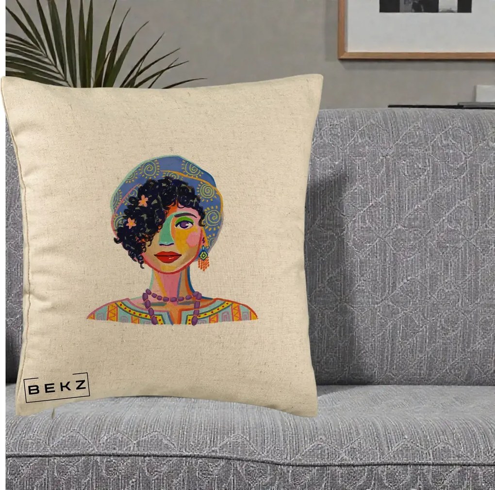 Perna decorativa Portret Femeie Etnic Colorat, 40x40 cm cu Umplutura, Bej, BEKZ