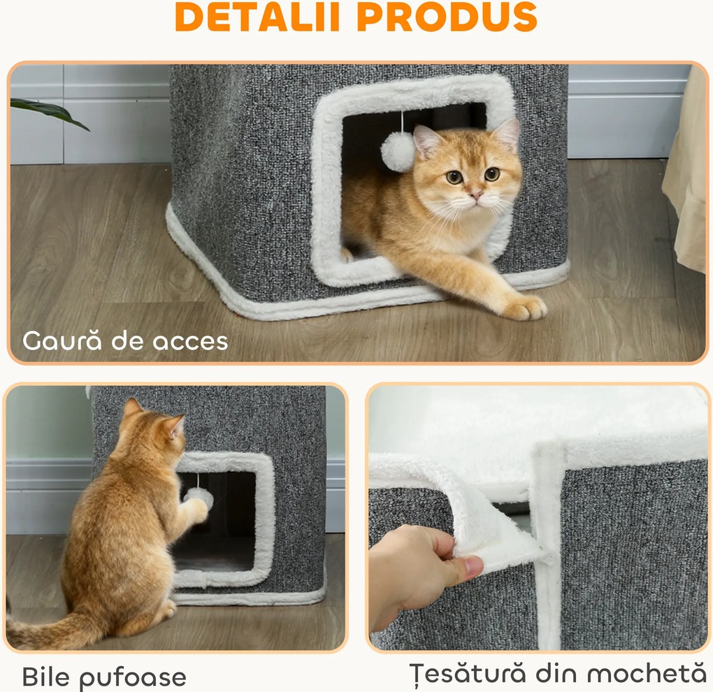 PawHut Ansamblu de joacă pentru Pisici cu 4 Nivele, 3 Bile de Jucărie din PAL, Textil și Pluș, 41x41x100 cm, Gri și Alb | Aosom Romania