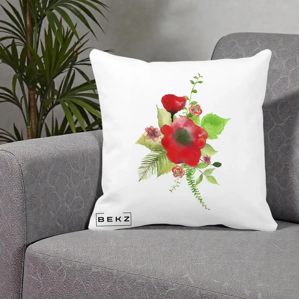 Perna Decorativa Buchet Rosu Acuarela, 40x40 cm, Alba Mata, Husa Detasabila, Perna Inclusa, BEKZ®