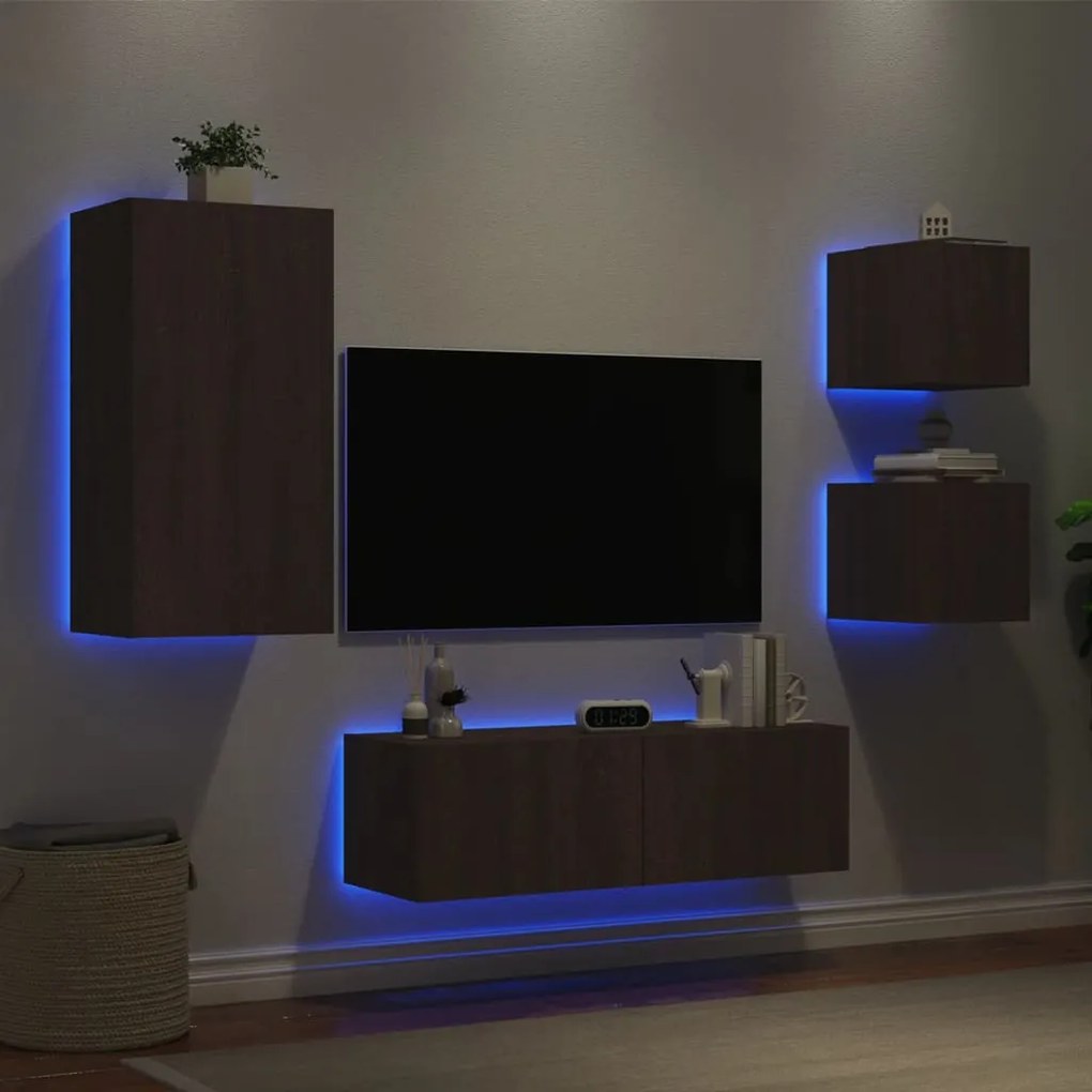 vidaXL Comode TV de perete cu lumini LED, 4 piese, stejar maro