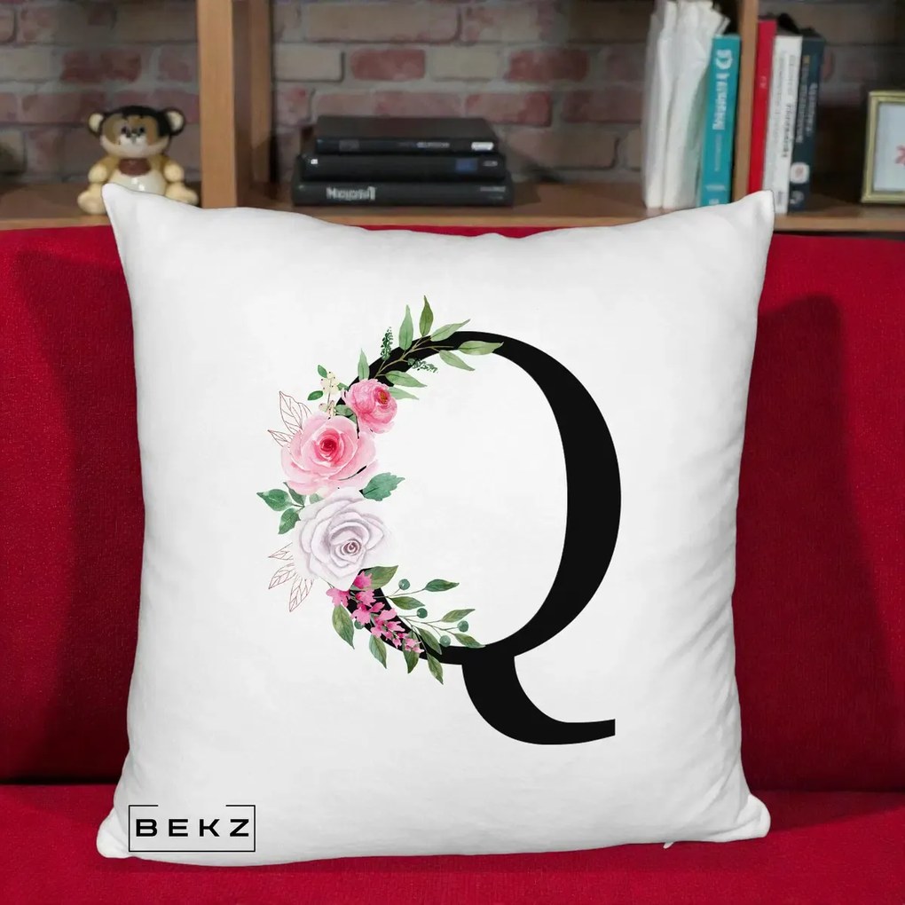 Cadou Personalizat - Perna Personalizata Monograma Florala Litera Q, 40x40 cm, Alb Pufos, Husa Detasabila, Perna Inclusa, BEKZ®