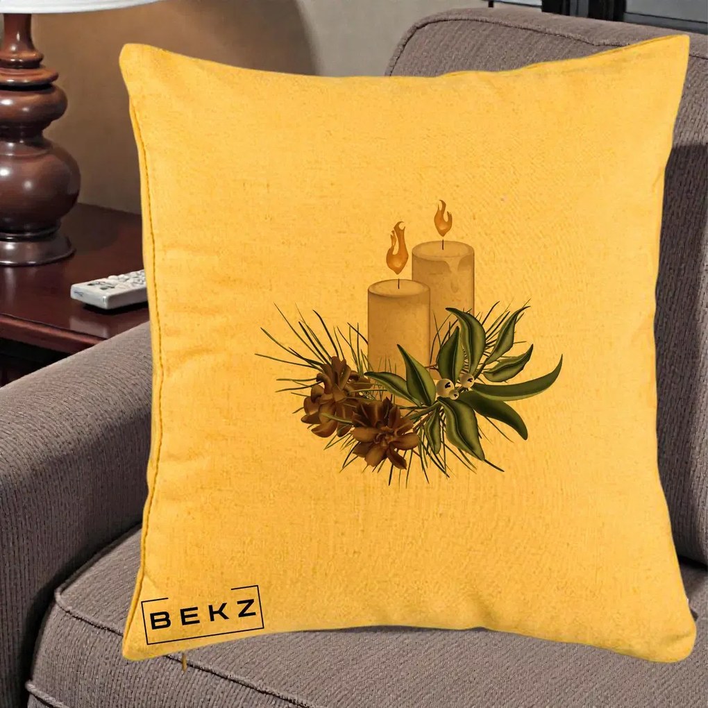 Perna Decorativa Lumanari cu Ilex si Conuri Ilustratie, 40x40 cm, Galben, Husa Detasabila, Perna Inclusa, BEKZ®