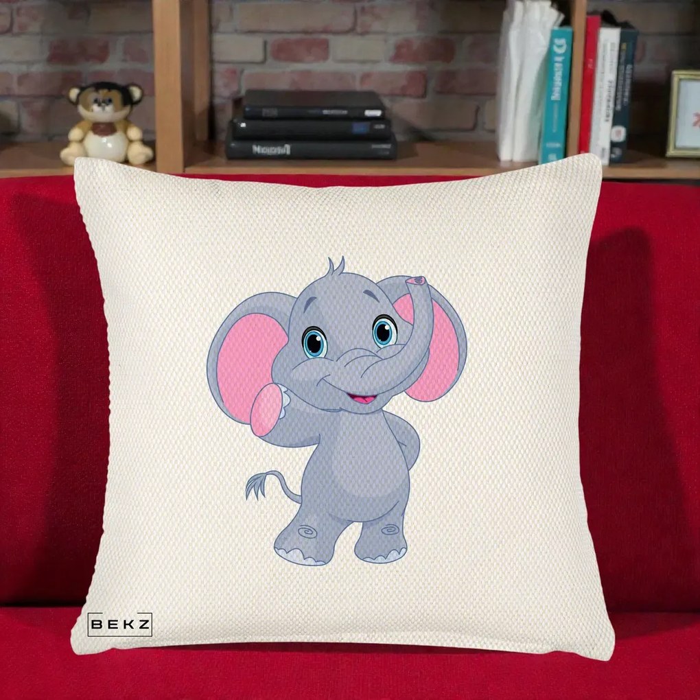 Perna Decorativa Pui de Elefant Kawaii, 40x40 cm, Crem Reliefat, Husa Detasabila, Perna Inclusa, BEKZ®