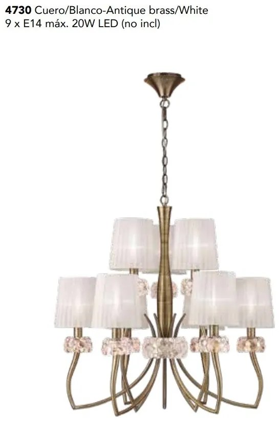Candelabru clasic cu 9 brate LOEWE antique brass/ abajur alb