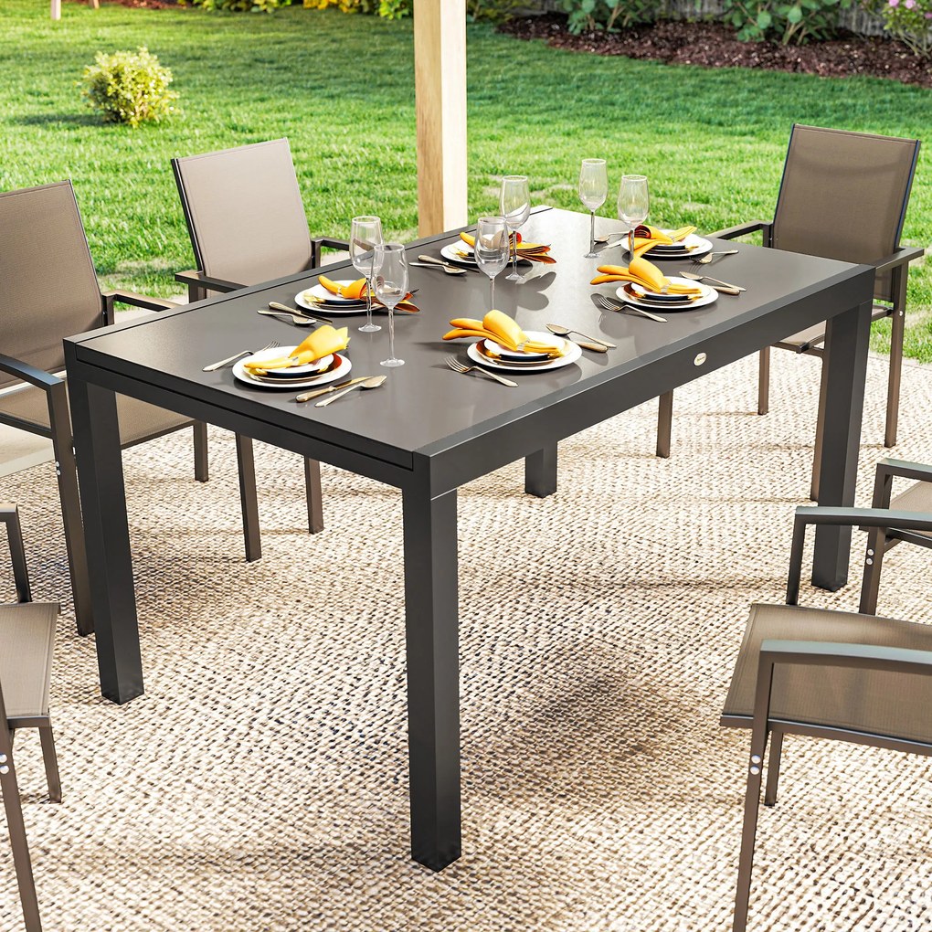 Outsunny Masă de Grădină Extensibilă pentru 8-10 Persoane 140/240x90 cm, Masă de Dining Extensibilă cu Blat din Sticlă Securizată, Masă de Exterior pentru Terasă, Balcon, Negru | Aosom Romania