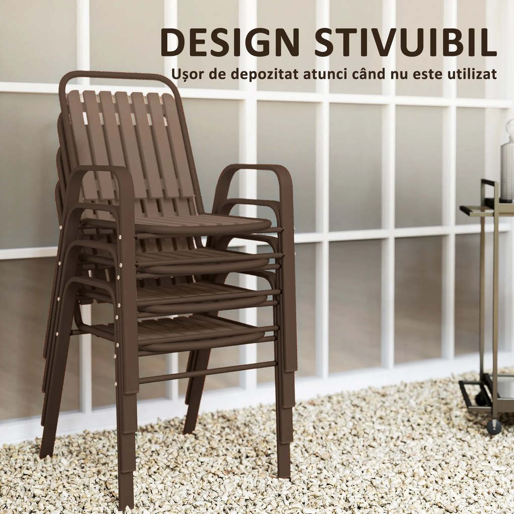 Outsunny Set de 4 Scaune de Grădină Stivuibile cu Spătar Înalt și Brațe, 56x66x91 cm, Maro Închis | Aosom Romania