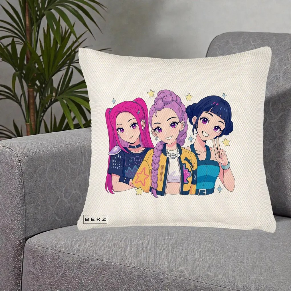 Perna Personalizata K-pop HUNTRX Trio Anime Stele, 40x40 cm, Crem Reliefat, Husa Detasabila, Perna Inclusa, BEKZ®