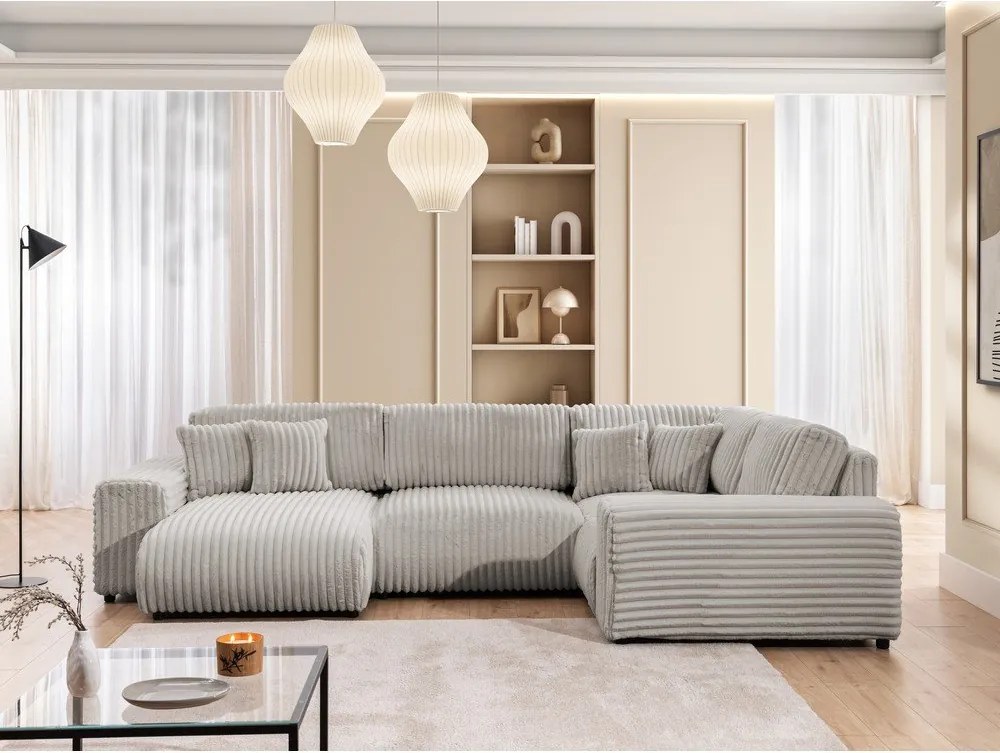 Colțar gri deschis cu tapițerie din catifea reiată (cu colț pe partea dreaptă/în formă de "U") Justin – Ropez