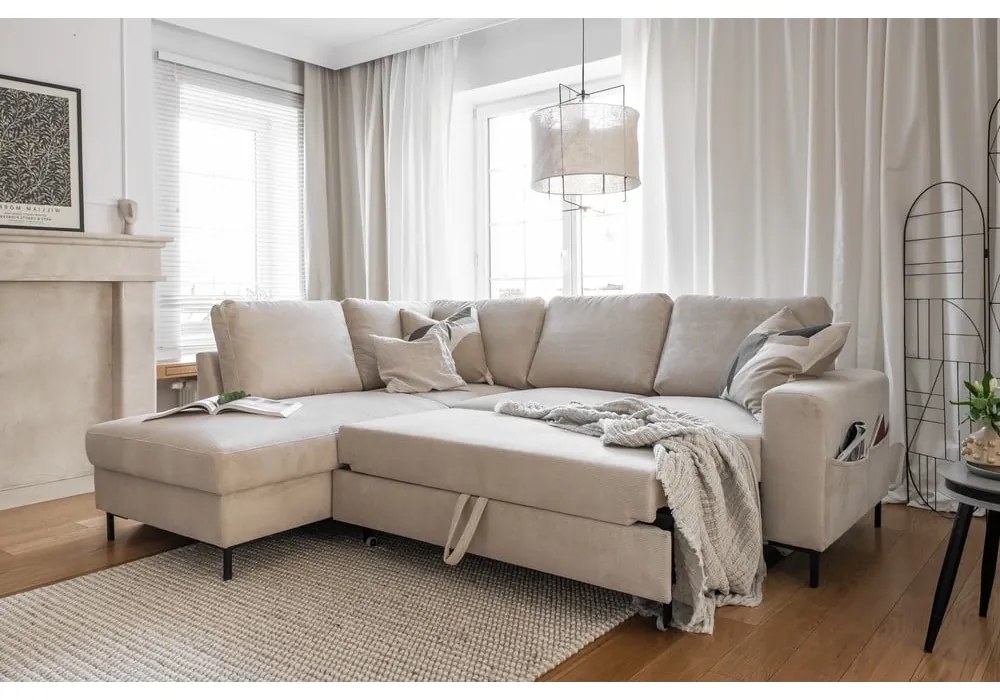 Colțar bej extensibil cu tapițerie din catifea reiată (cu colț pe partea stângă ) Lofty Lilly – Miuform