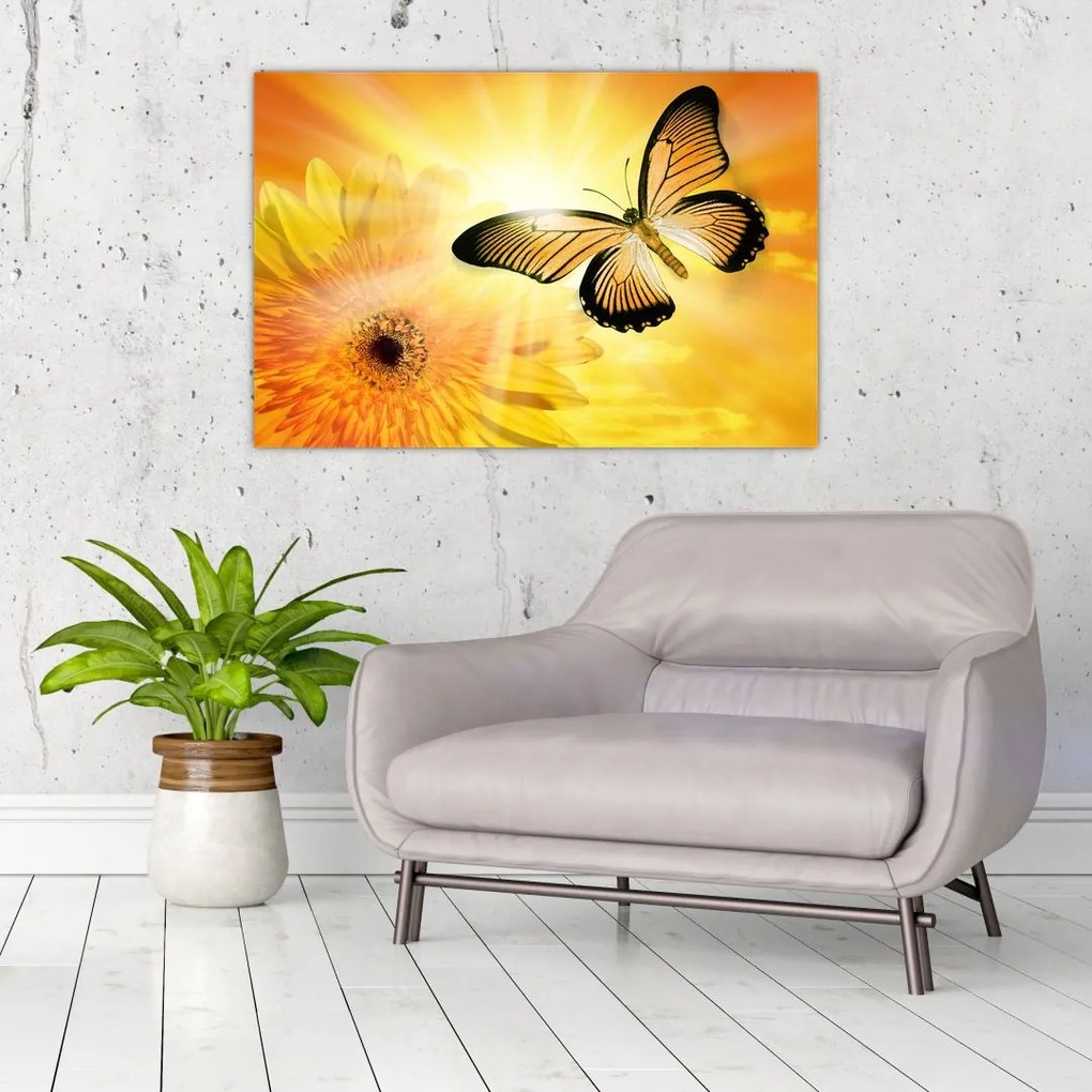 Tablou - Fluture galben cu flori (90x60 cm)