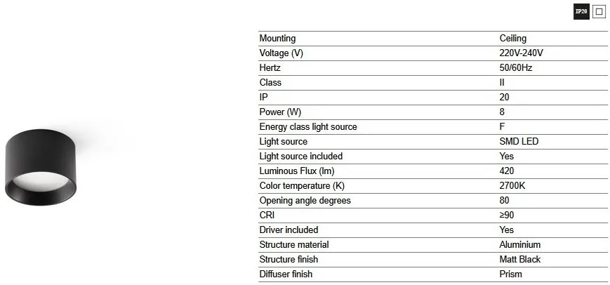 Spot LED aplicat tavan MIZU 8W negru