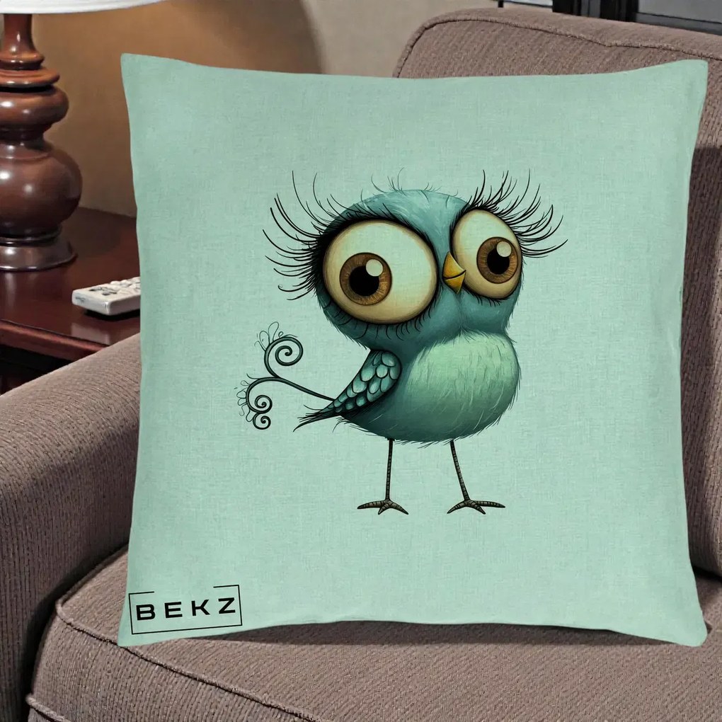 Perna Decorativa Pasare Teal cu Gene si Coada Spiralata, 40x40 cm, Verde Menta, Husa Detasabila, Perna Inclusa, BEKZ®