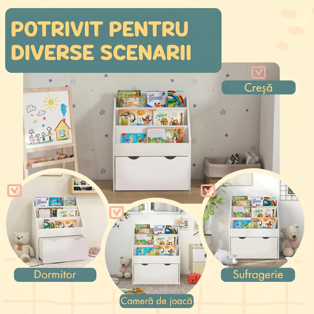 AIYAPLAY Bibliotecă Copii 3-8 Ani cu 3 Rafturi și Sertar, Raft de Depozitare Jucării, 62,5x30x70 cm, Alb | Aosom Romania