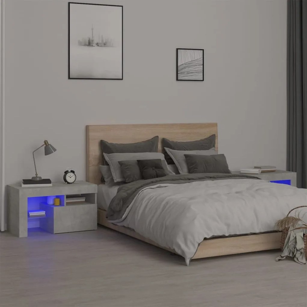 vidaXL Noptiere cu lumini LED, 2 buc., gri beton, 70x36,5x40 cm