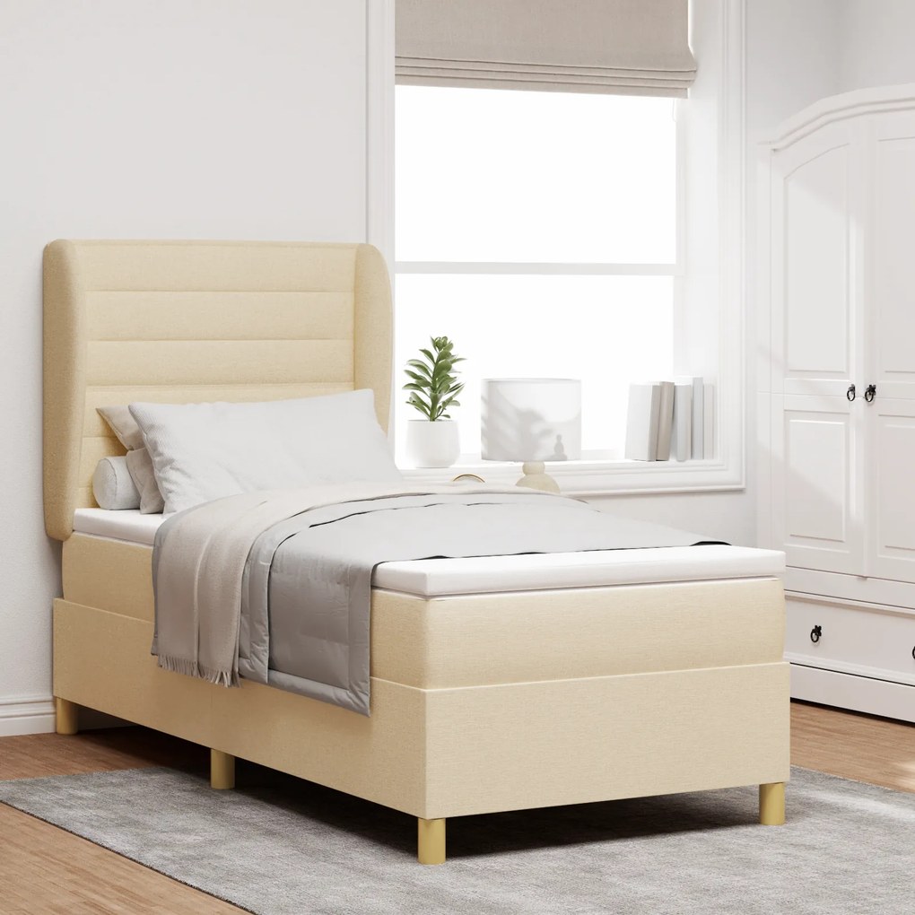vidaXL Pat box spring cu saltea, crem, 100x200 cm, textil