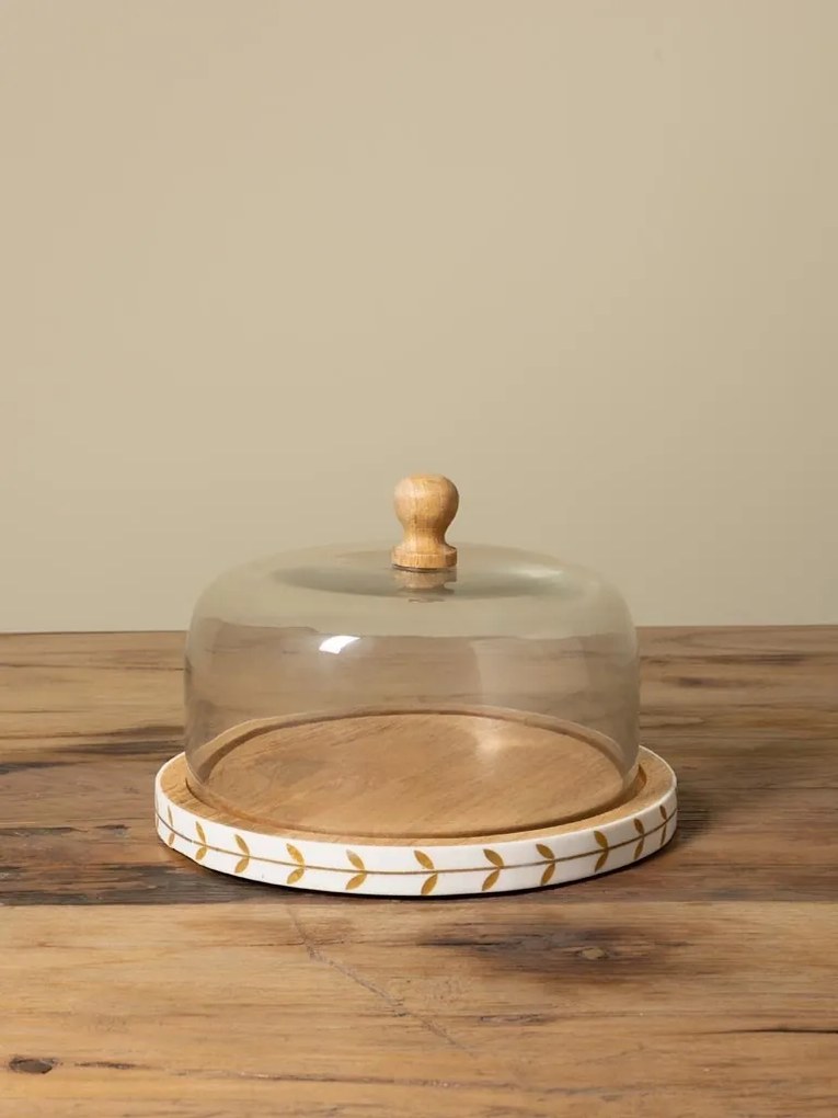 Platou din lemn de mango natur cu capac semisferic din sticlă, model cu frunze pictate manual, 19 × 26 cm, „Boca"