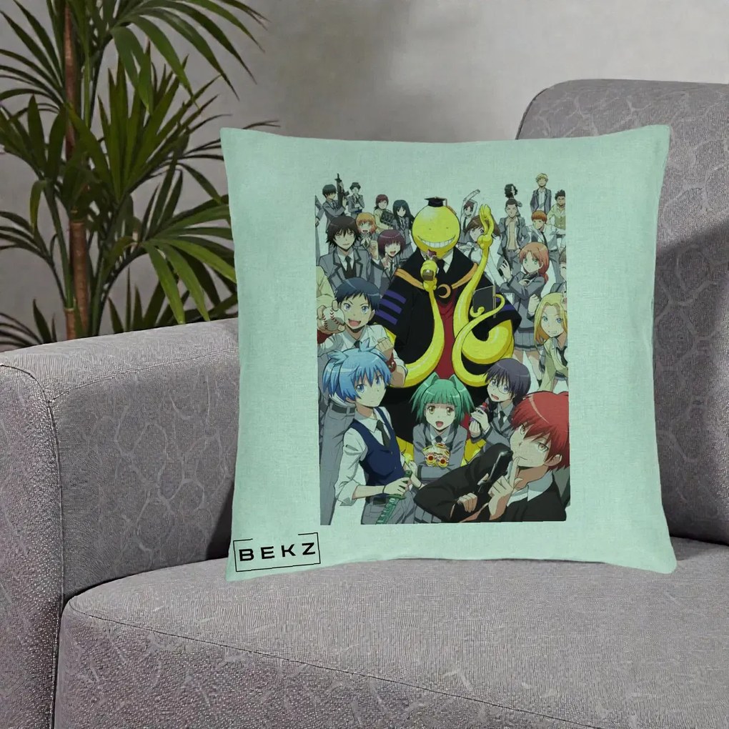 Perna Personalizata Assassination Classroom Grup Complet Anime, 40x40 cm, Verde Menta, Husa Detasabila, Perna Inclusa, BEKZ®