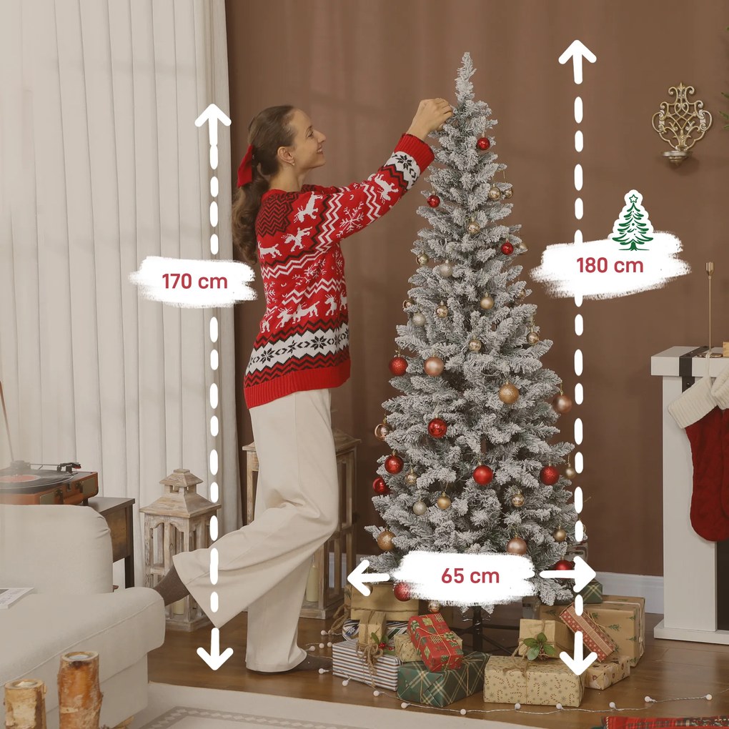 HOMCOM Brad de Crăciun Înzăpezit cu 180 de Lumini LED cu 11 Efecte și 479 de Ramuri, Ø65x180 cm, Verde și Alb | Aosom Romania