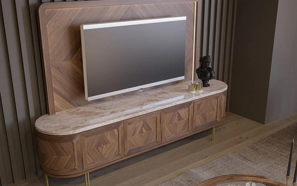 Set lemn masiv nuc Living Emma - Marmură Naturală, 245 × 56 × 173 cm