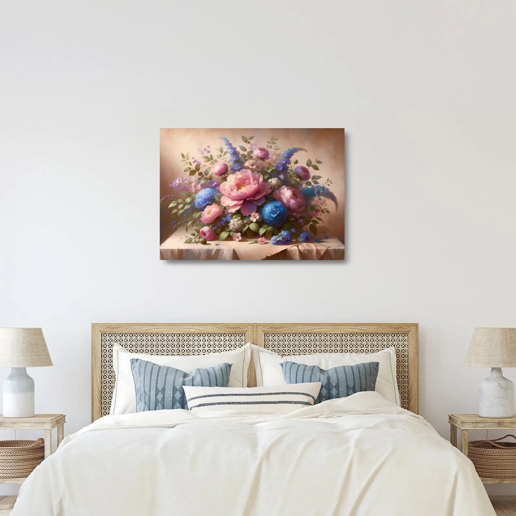 Tablou pe sticlă - Masă plină de flori (70x50 cm)