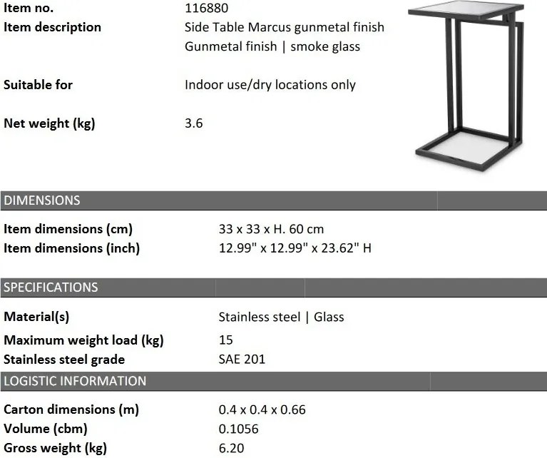 Masuta laterala design LUX Marcus, Gunmetal