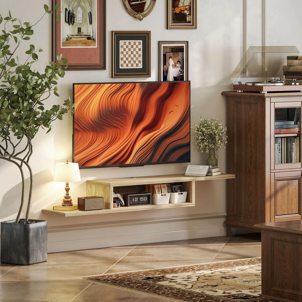 HOMCOM Suport TV mural flotant suspendat - raft perete flotant - nisa, treceri cabluri - stejar deschis | Aosom Romania