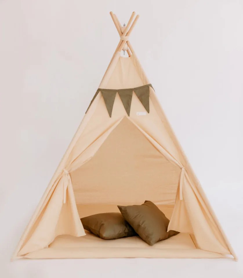 Set Cort de joaca, Beige teepee, 110x110x160 cm, salteluta, ghirlanda, 2 pernite si kit fixare