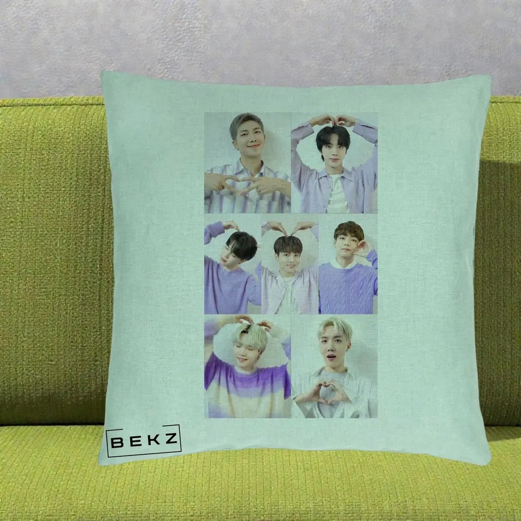 Perna Personalizata K-pop BTS Colaj 7 Portrete cu Inimi Lila, 40x40 cm, Verde Menta, Husa Detasabila, Perna Inclusa, BEKZ®