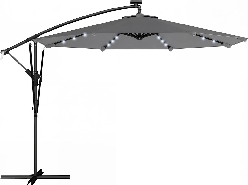 Outsunny Umbrelă Excentrică cu Lumină LED Solară 330x295 cm Umbrelă cu Bază Încrucișată Manivelă Husă Protectoare Gri Închis | Aosom Romania