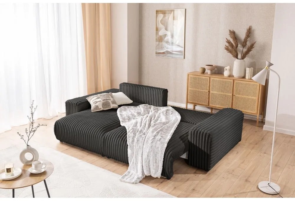 Colțar gri închis extensibil, cu spațiu de depozitare, cu tapițerie din catifea reiată (cu colț pe partea stângă) Sarina – Ropez